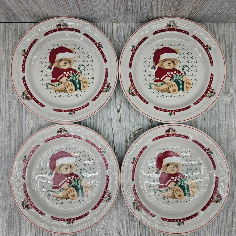 Tienshan Stoneware  Country Christmas Teddy Bear Salad Plates Set of 4